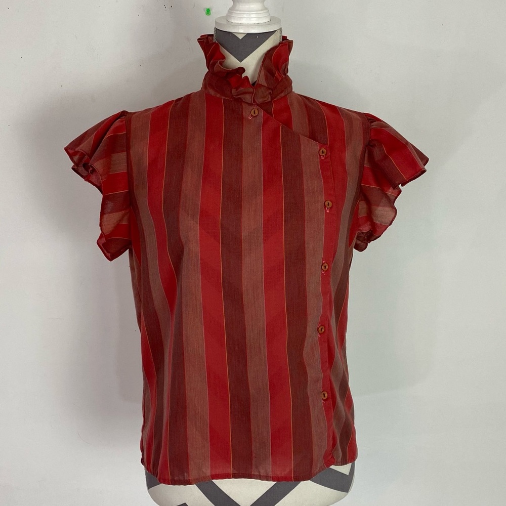 Vintage Red and Rust Striped Ruffle Blouse - Picture 6 of 13